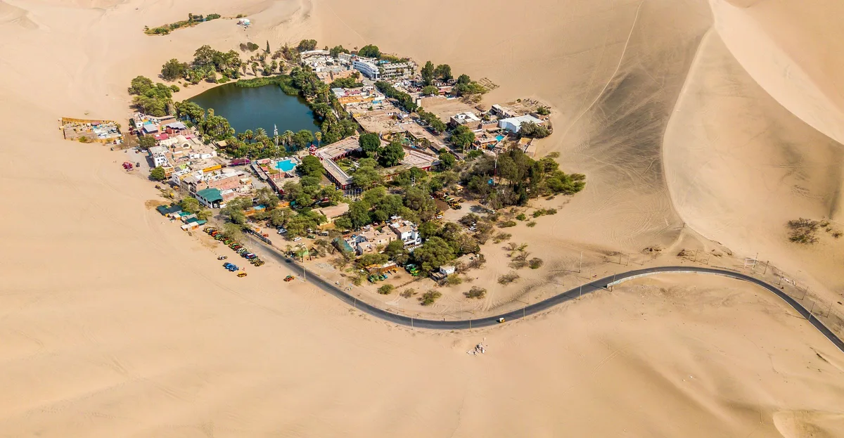 Aerial view of the Huacachina desert oasis near Ica, Peru