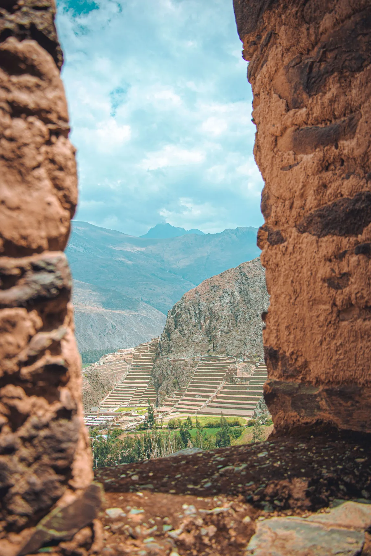 Mountain landscape above the town of Ollantaytambo in the Sacred Valley, Peru
