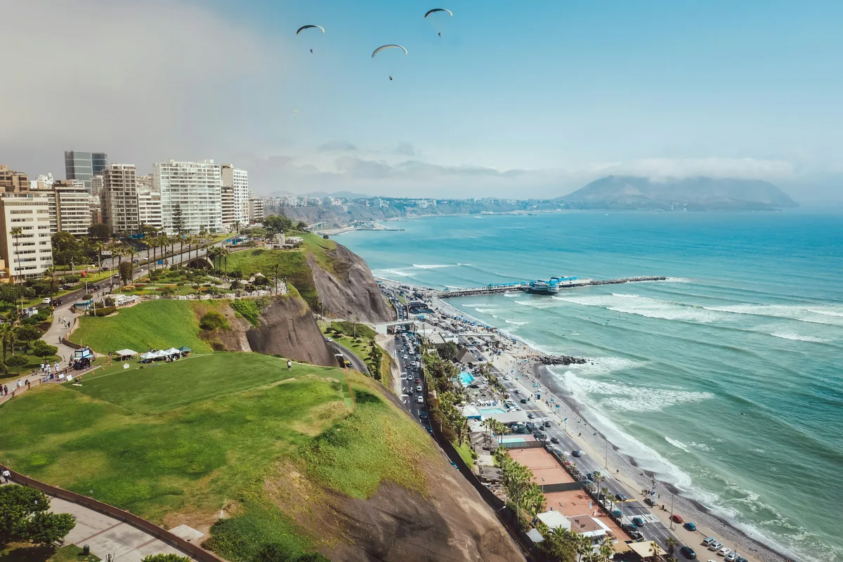 The Miraflores cliffs above the Pacific coastline of Lima, Peru